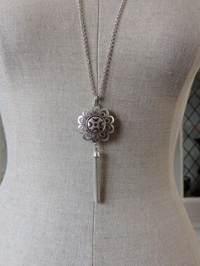 Lucky Brand Boho Silver Floral Tassel Pendant Long  Necklace